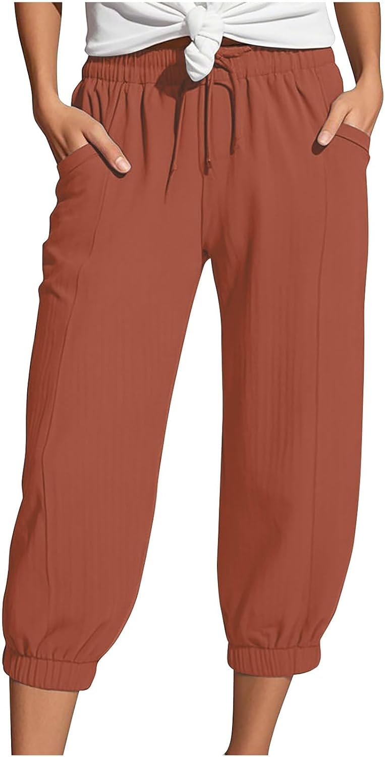 Plus Size Capri Pants for Women Stretch Elastic Waist Cropped Pants Casual Lightweight Wide Leg Capris