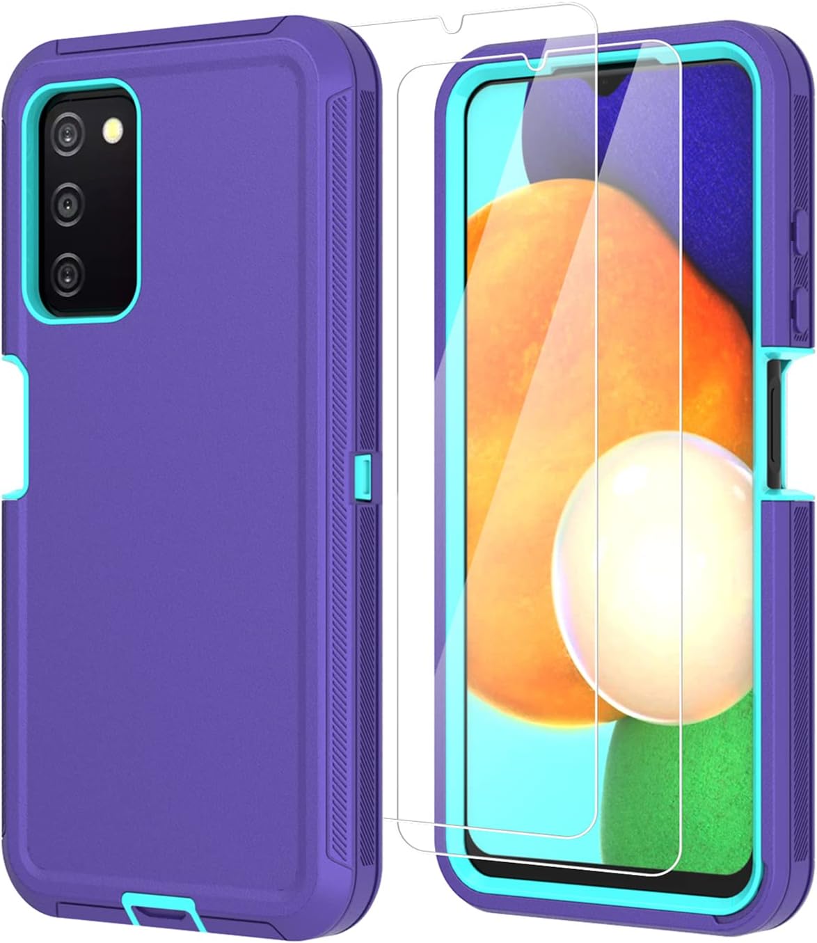 Qinmay for Samsung Galaxy A03S Case, Samsung A03S Case with HD Screen Protector [2 Packs], [Not Fit A02S] Shockproof Dustproof 3 in 1 Durable Phone Case for Samsung Galaxy A03S, Purple SkyBlue