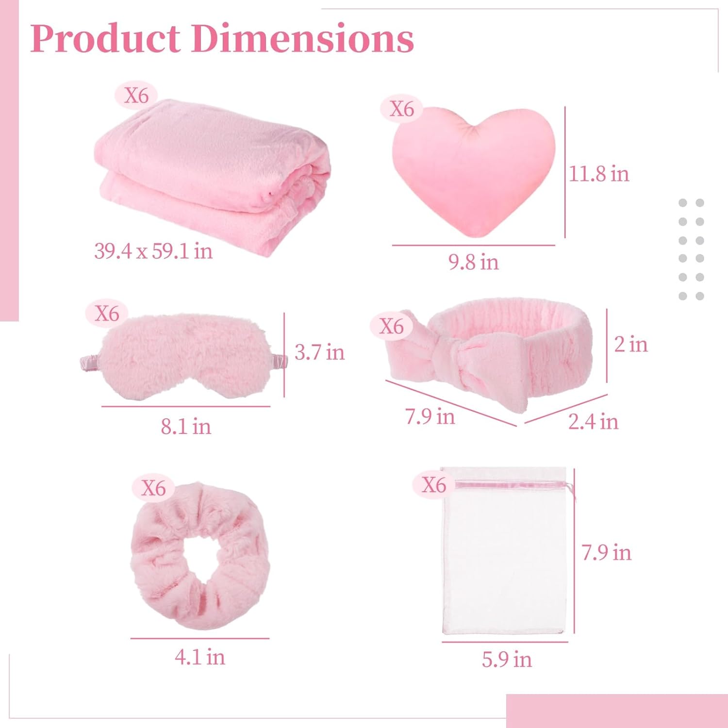 36 Pcs Sleepover Party Supplies for Girls, 6 Pink Blanket 6 Heart Pillow 6 Bow Spa Headband 6 Sleep Eye Mask 6 Scrunchies 6 Organza Bag for Spa Slumber Bachelorette Birthday Favors(Pink)