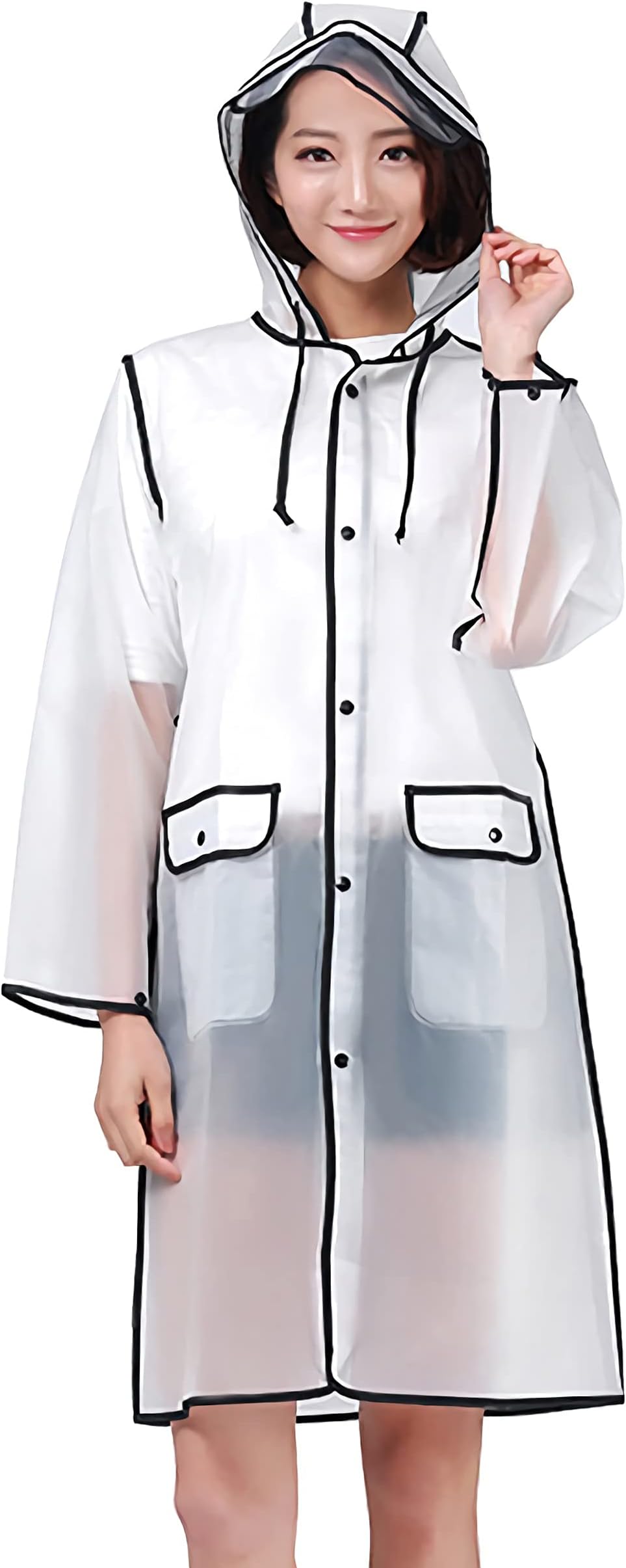 CRAZY GOTEND Transparent Raincoat for Women Waterproof Rain Poncho with Hood Drawstring(Black) S-M