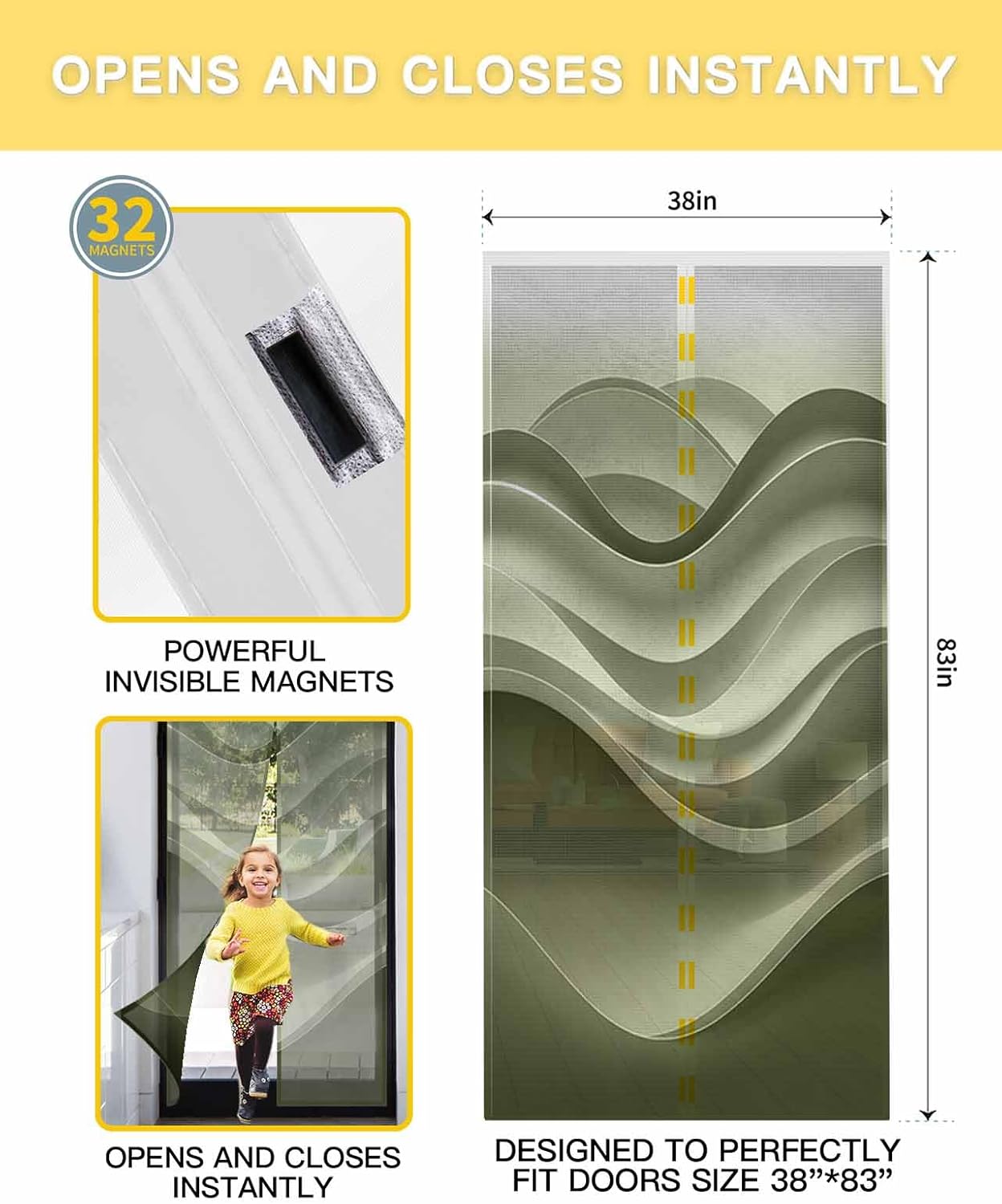 Coastal Sage Green Magnetic Screen Door for Sliding/Single/French Doors, Self Sealing Magnets Patio Door Screen Heavy Duty Mesh Curtain, Seawave Stripe Minimalist Ombre Art
