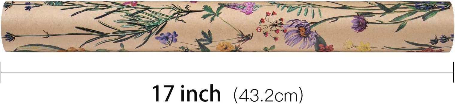 RUSPEPA Wild Flower Wrapping Paper Roll for Women, 17 Inches x 32.8 Feet, Mini Roll, Kraft Floral Design Wrapping Paper for Spring, Birthdays, Weddings, Bridal Shower and Engagement