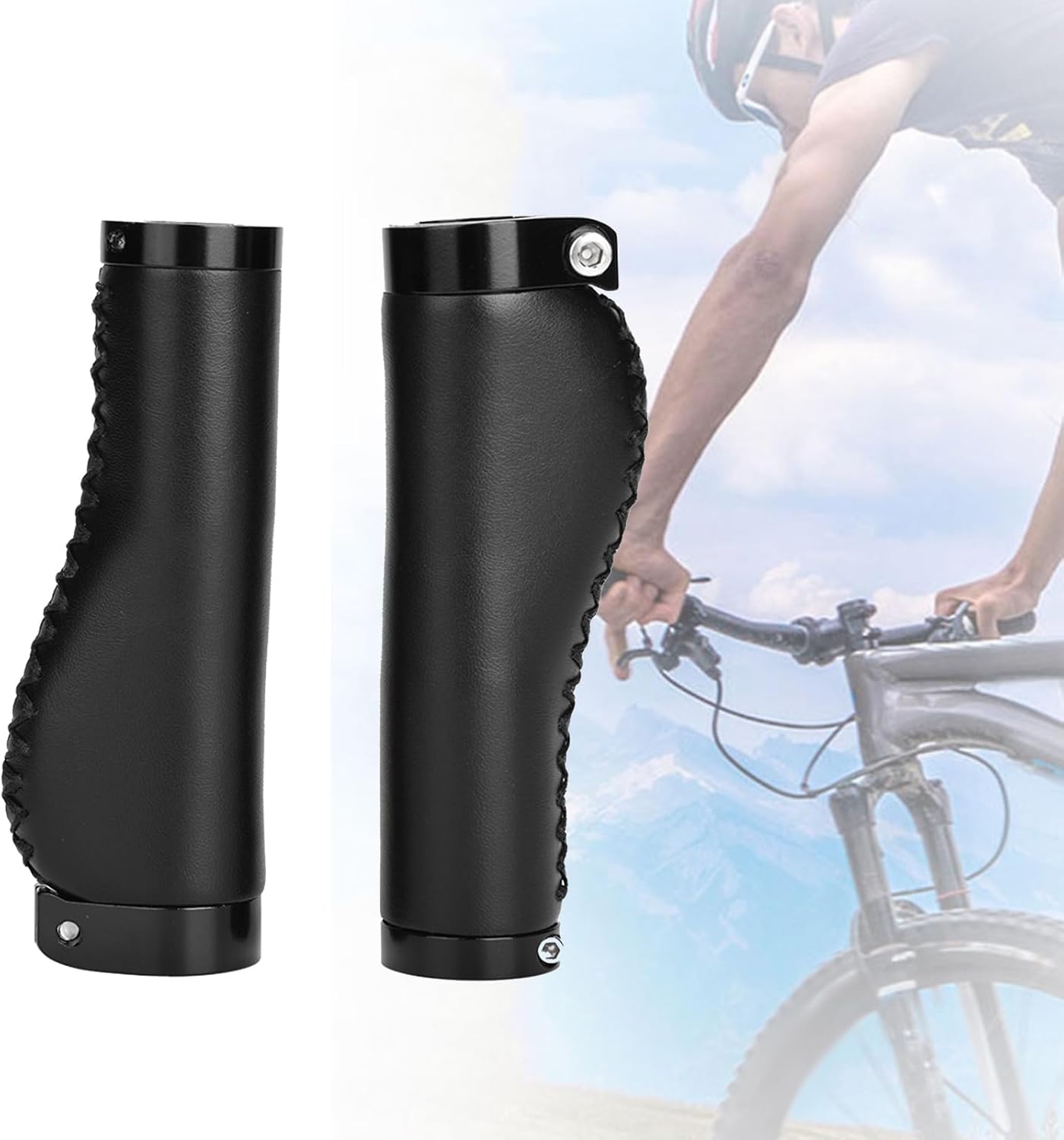 Lockable Bike Handlebar Grips for Mountain and Folding Bikes, PU Leather Cycling Handle Grips (Black)