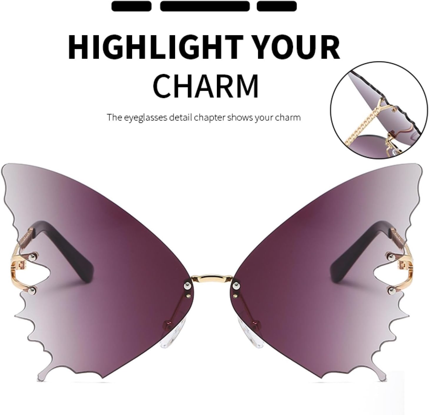 Oversized Butterfly Rimless Sunglasses for Women Steampunk Metal Punk Vintage Gradient Ocean