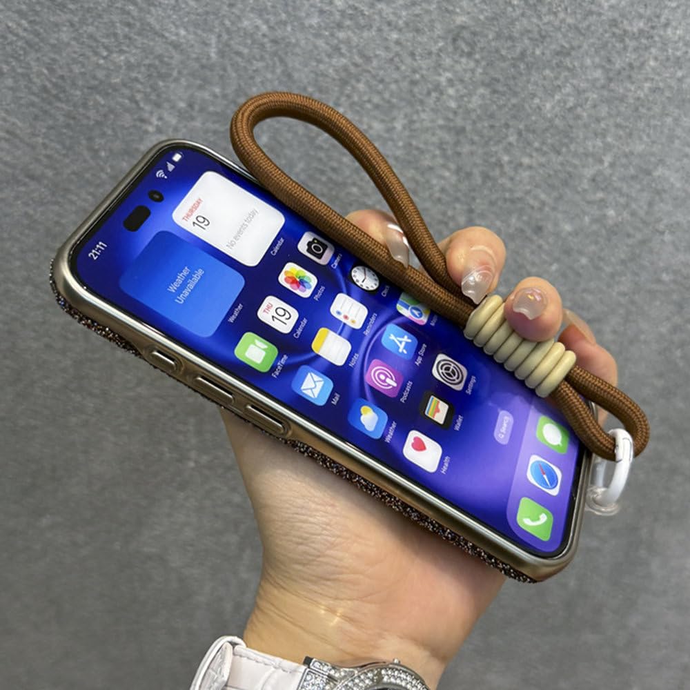 Etui z błyszczącymi diamentami i kryształkami do iPhone'a 12 13 14 15 16 Pro Max Plus, błyszczące, wstrząsoodporne, z paskiem na nadgarstek i osłoną na przewód, czerwone, do iPhone'a 12 Pro