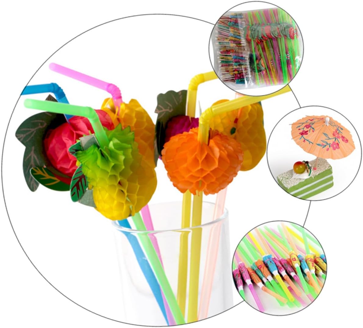 300Pcs Hawaii Party Decorative Umbrella Picks Fruit Sticks and Straws for Cocktails Cakes and Desserts for Luau Pool Parties and Fun Gatherings
