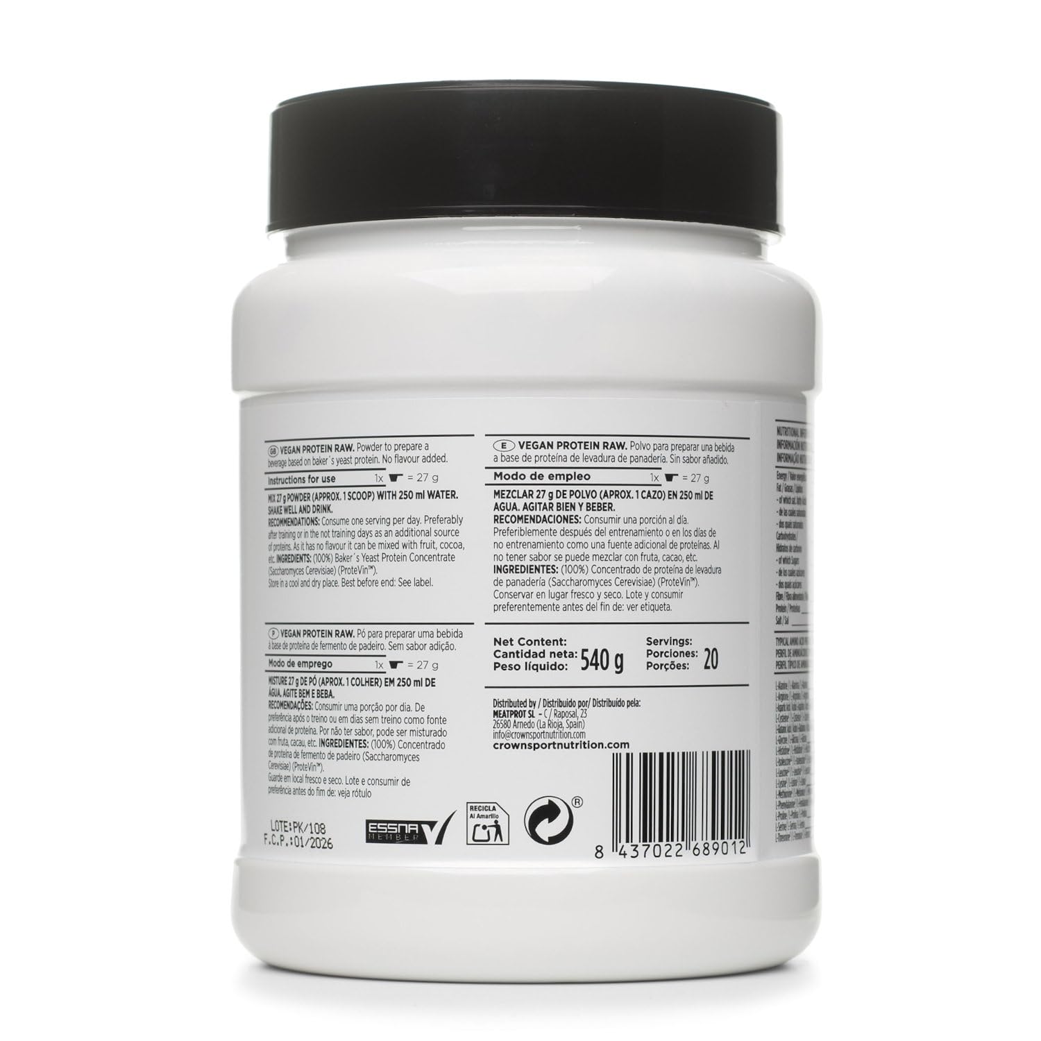 Crown Sport Nutrition Vegan PROtein Raw - Innovadora proteína vegana de alto rendimiento hecha a base de proteína de levadura (Saccharomyces Cerevisiae) (Bote de 540g (20 tomas), Sin sabor)