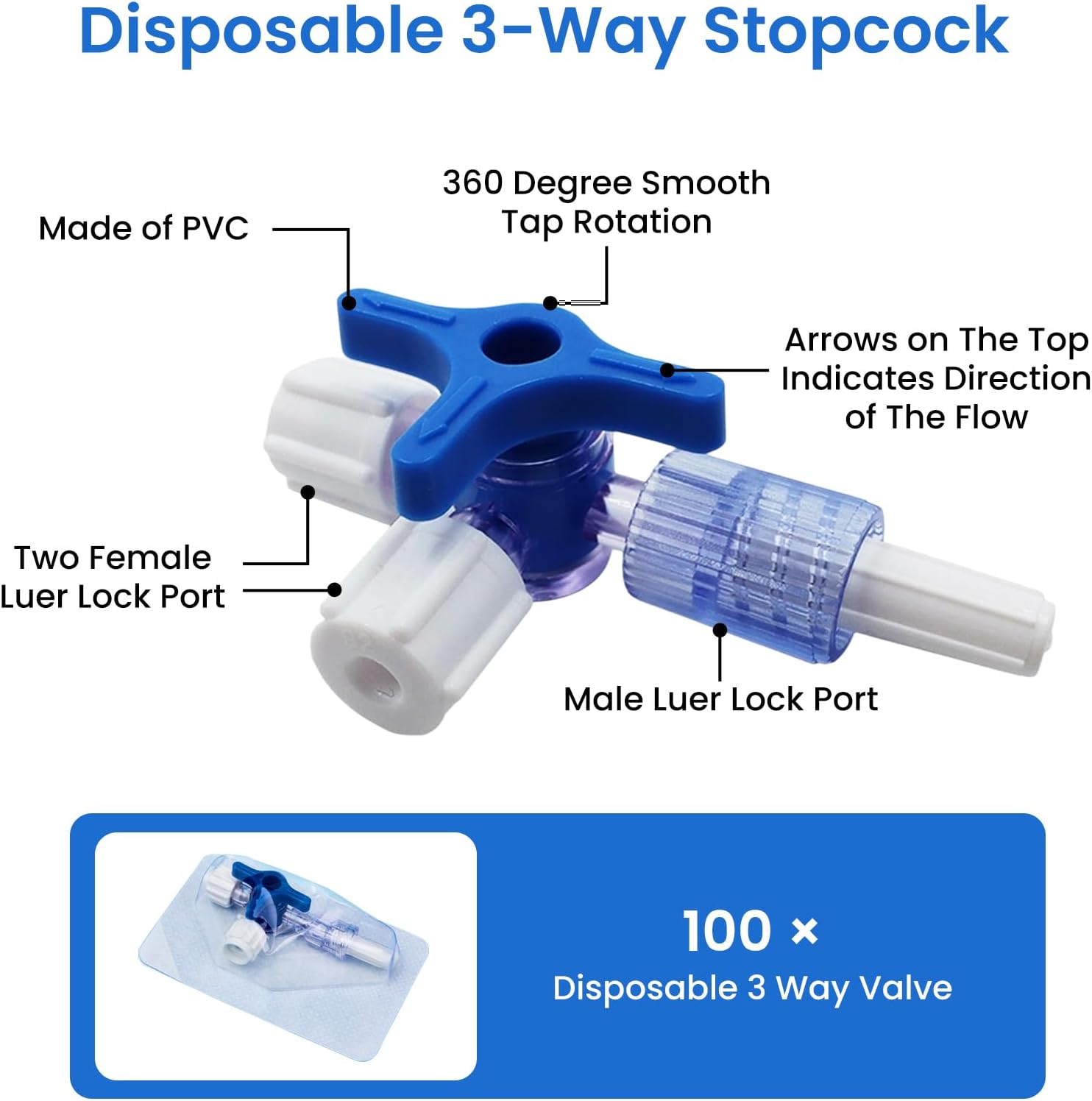 3-Way Luer Stopcock with Male Luer Lock, Disposable Stopcock Valve for Fluid Control and Tubing Systems, Clear Rotating Connector, Laboratory and Research Use, Pack of 100