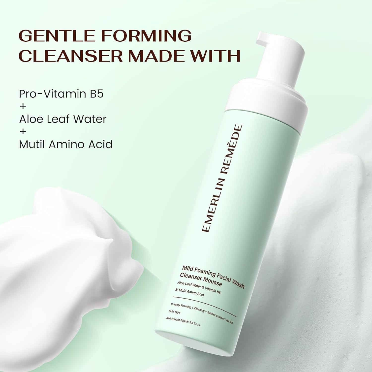 Mild Foaming Facial Wash Cleanser Mousse with Aloe Leaf Water, Amino Acids & Vitamin B5, Gentle Hydrating Face Wash for All Skin Types, 200ml - Image 3