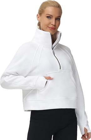 THE GYM PEOPLE Womens Half Zip Pullover Fleece Stand Collar Crop Sweatshirt | Thumb Hole, Pockets, Fleece Lined Crop Tops for Lounge, Workout