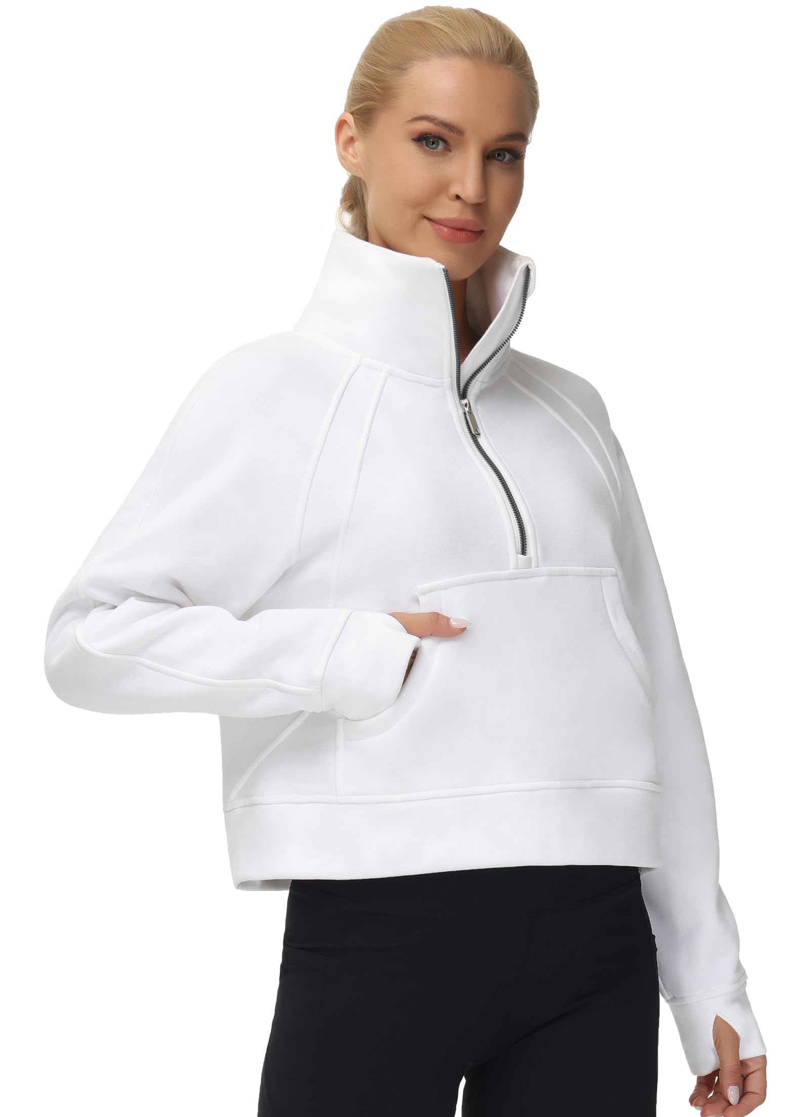 Womens' Half Zip Pullover Fleece Stand Collar Crop Sweatshirt with Pockets Thumb Hole
