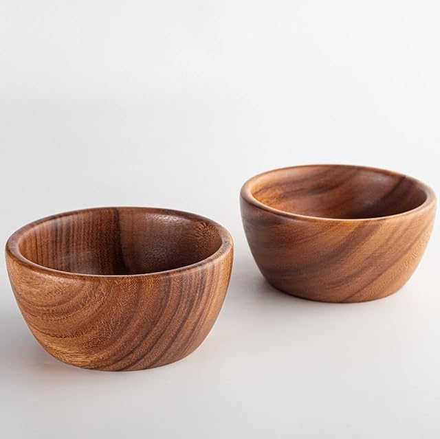 Acacia Wooden Salad Bowls (Set of 2): 6" x 2" Individual Wood Serving Bowls for for Fruits, Cereal, or Soup - Handmade from a Single Organic Piece of Acacia Wood, Food Safe