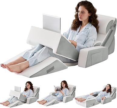 9PCS Wedge Pillow Set for After Surgery Recovery, Adjustable Memory Foam Neck Pillow, Foam Leg Pillow, Relieves Neck and Leg Pain, Sleep Apnea, Reading Pillow, Gray