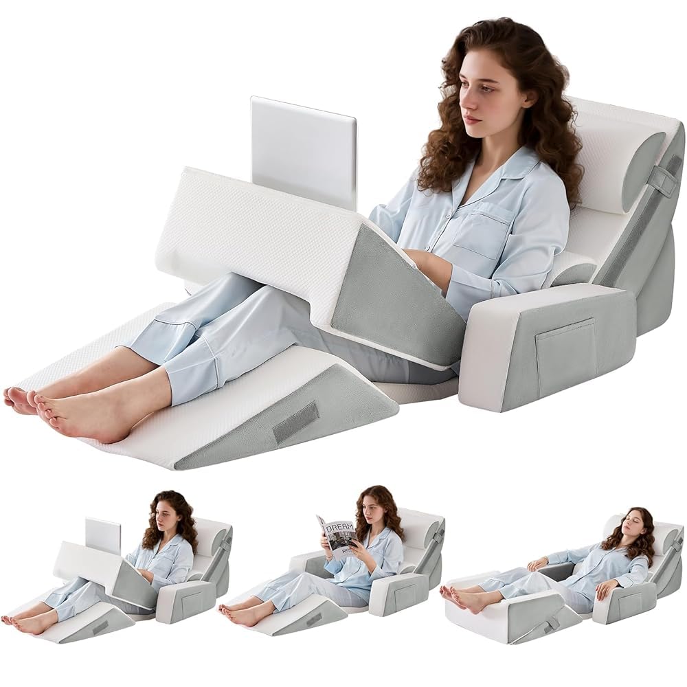 9PCS Orthopädische Bett Keil Kissen Set,Post Chirurgie Schaum Kissen für Körper, Rücken und Beine Schmerzlinderung,Justierbare Stützkissen mit Säure Reflux Bed Wedge Memory Foam Hellgrau