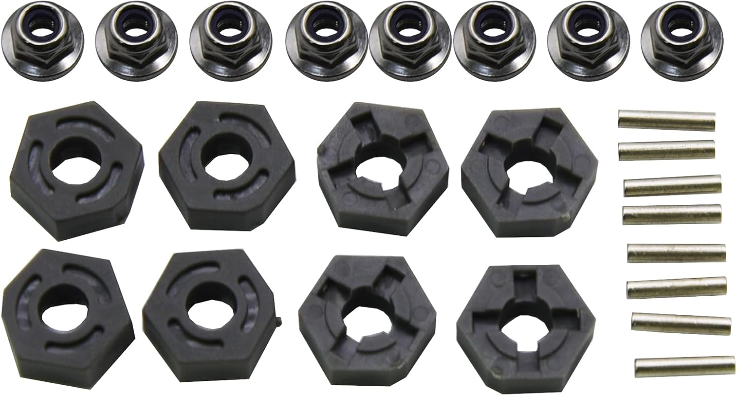 Blomiky 8 Pack 12mm 16440 Wheel Hub Hexes and 8 Pack M20101 Wheel Hex Pins and M40 M4 Wheel Locknuts Spare Parts for 1/10 1/12 1/14 1/16 1/18 Scales RC Truck / 9125 Hex Pin Locknuts 2