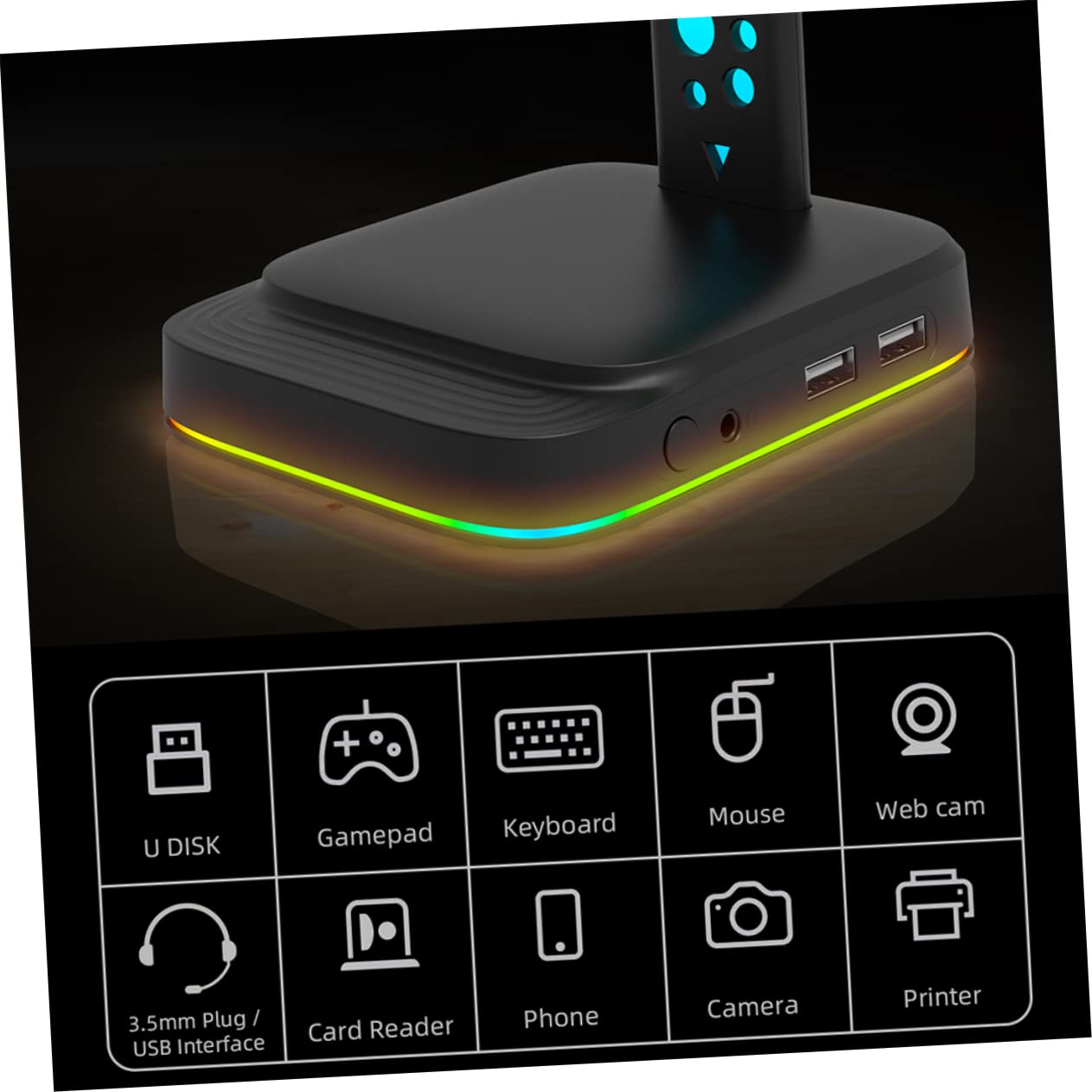 Gadpiparty Supporto Cuffie Rgb in Abs Nero per Gaming PC e Desktop | Trasmissione Dati, Uso Prolungato, Stile da Scrivania, Accessorio per Setup e Postazione