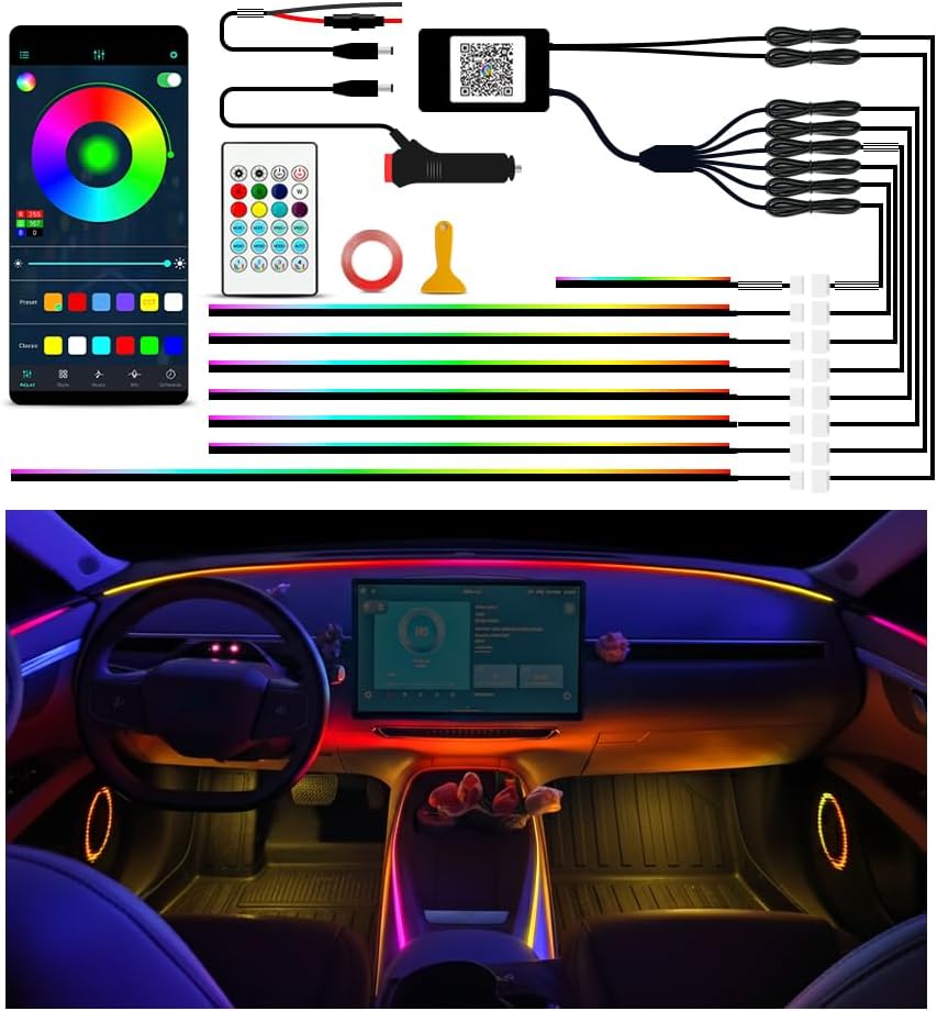 Ambient Lighting Car Led Lights Interior Kit,8 in 1 RGB Music Sync Acrylic Led Lights for Car Interior,234 inches DIY Fiber Optic Neon Accent Strip Ambiance Lighting with Wireless APP Remote