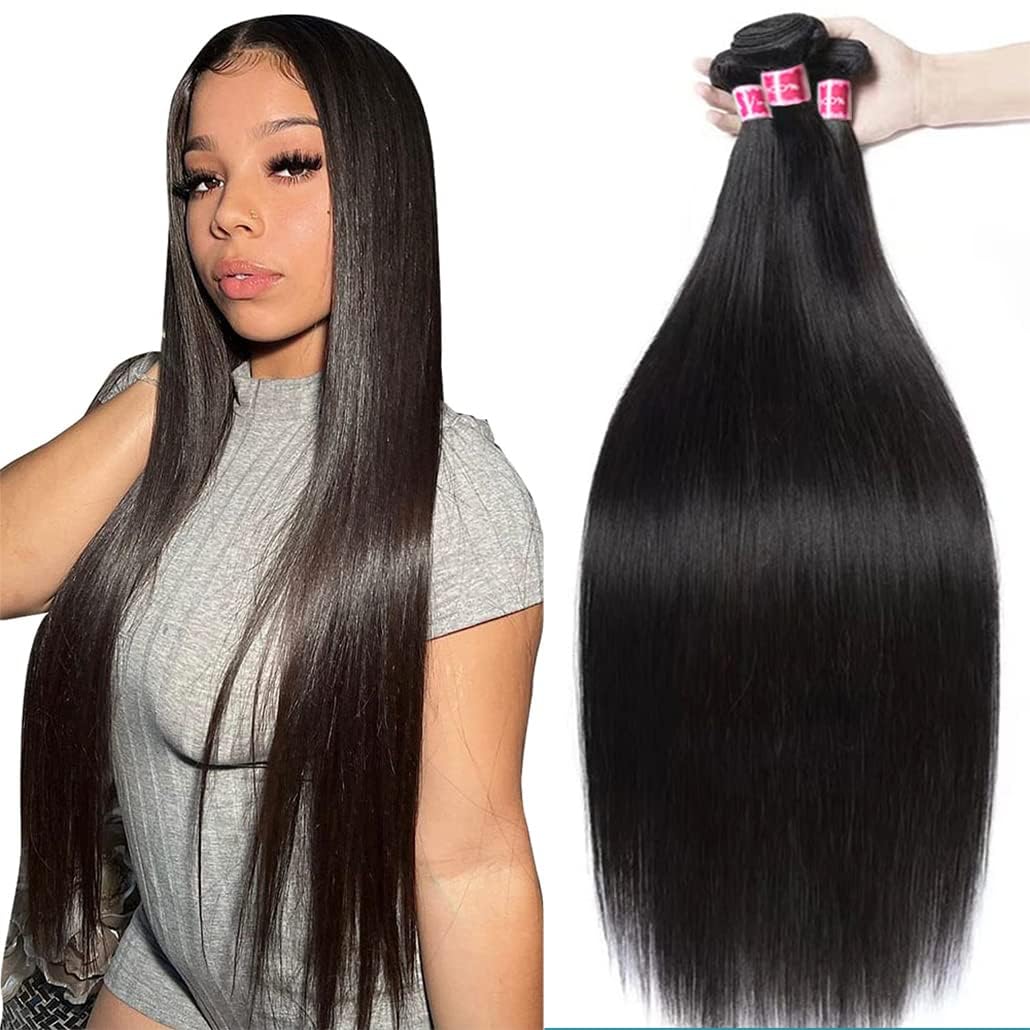 Human Hair Bundles Straight Hair 3 Bundles 100% Unprocessed Brazilian Virgin Human Hair Straight Bundles Human Hair Extensions 10A Grade Hair Bundles Natural Color (16 18 20 Inch)