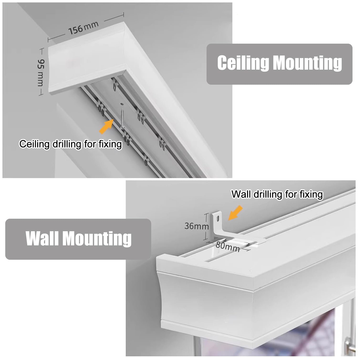Rail de rideau mural ou de plafond avec double rail en aluminium robuste et cantonnière pour fenêtres, chambre à coucher, bureau