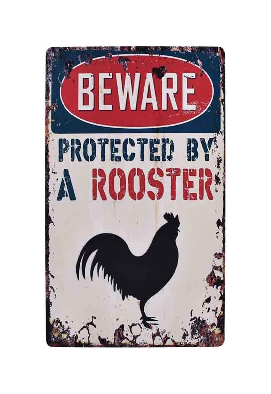 MQXFCZUX Funny Rooster Warning Metal Tin Sign Beware Protected By A Rooster Vintage Farmhouse Decor for Man Cave Bar Kitchen 8 X 12 inch
