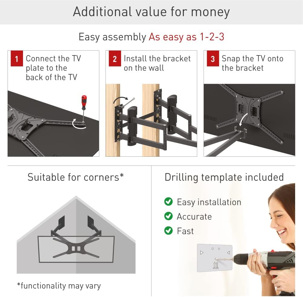 Three-step easy assembly guide for Barkan BM466XP TV mount.
