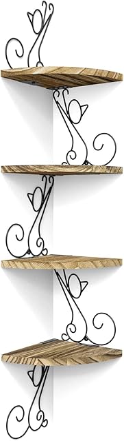 Alsonerbay Corner Shelf Wall Mount of 4 Tier Corner Shelves Rustic Wood Floating Shelf Cat Shape Metal Corner Stand for Bedroom Living Room Bathroom Kitchen Office and More Carbonized Black