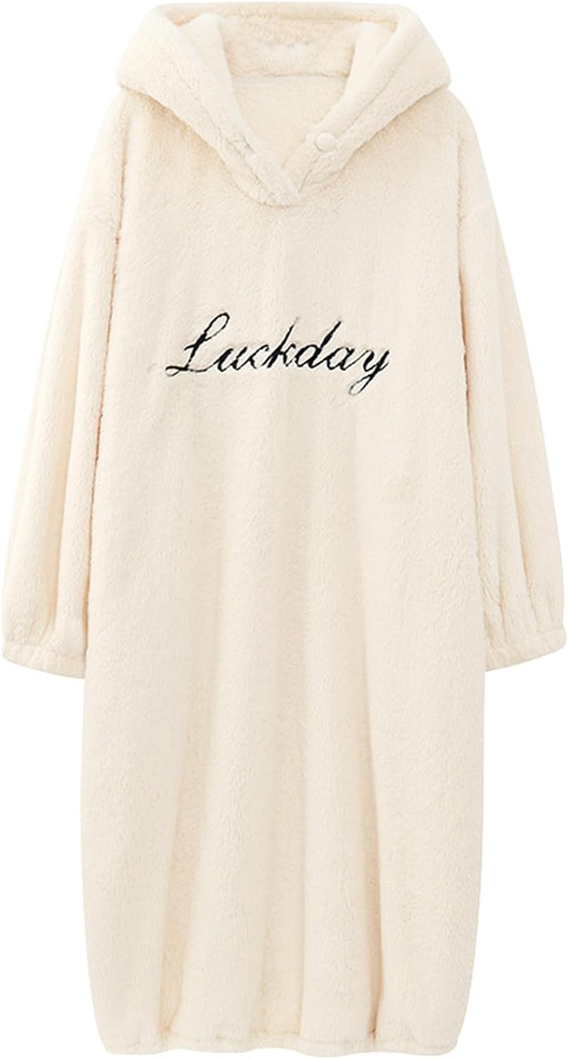 [RAMEMO] フランネルパジャマ ネグリジェ レディース 帽子付き ワンピース 寝巻き ナイトウェア 防寒着 暖かい ふわもこ