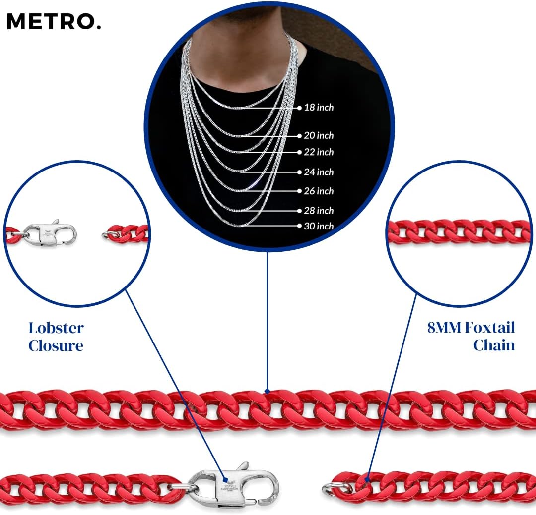 Metro Jewelry 22 to 30 Inches Long Stainless Steel Red Acrylic Necklace for Men 5 mm Wide Thick Franco Chain Lobster Claw
