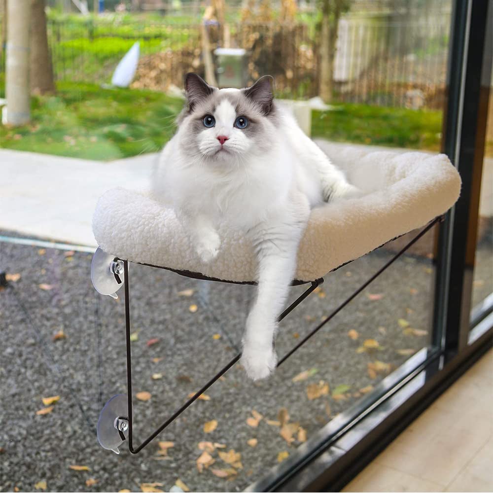 Cat Window Perch - 100% Metal Supported from Below - Comes with Warm Spacious Pet Bed - Cat Window Hammock for Large Cats & Kittens - for Sunbathing, Napping & Overlooking