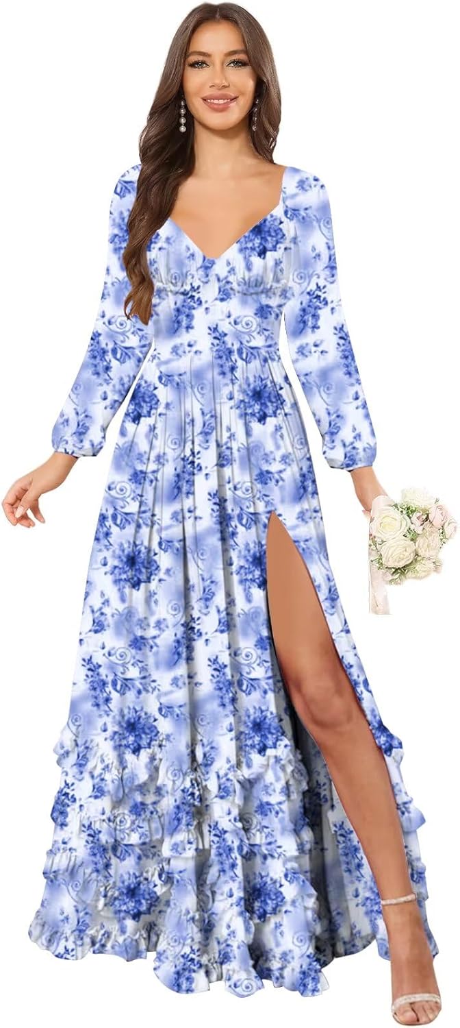 Women's Long Sleeve Bridesmaid Dresses for Wedding with Slit Ruffle Chiffon Formal Evening Party Dress - Image 8