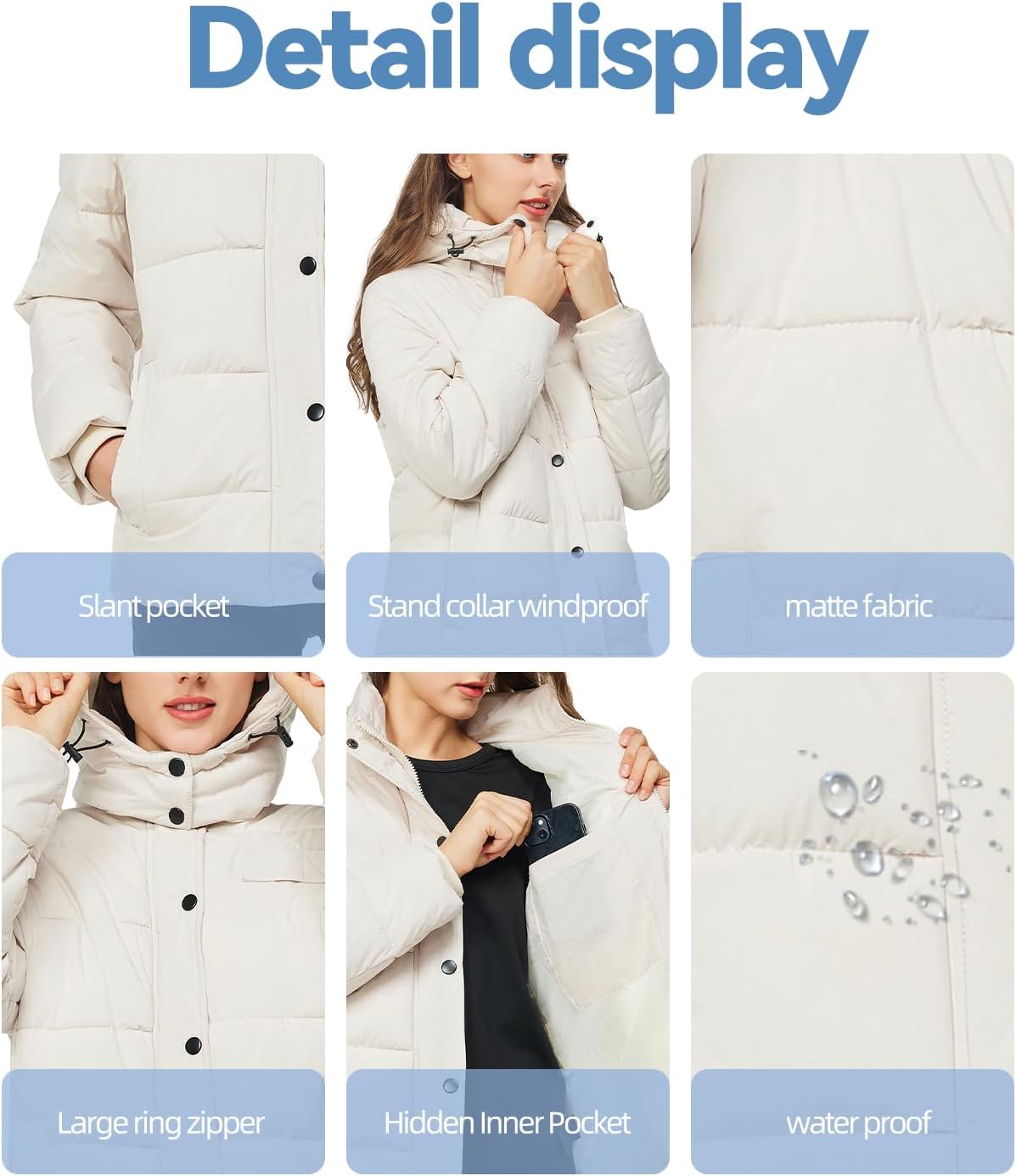 TRATENBY Women's Winter Thicken Puffer Coats Warm Jackets Parka With Detachable Hood Waterproof-OffWhite 3X-Large