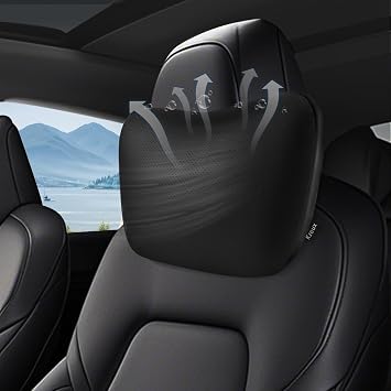 Upgraded Car Neck Pillow - Adjustable Height Headrest Cushion for Tesla Models 3/Y/S/X - Breathable Nappa Leather & High Elastic Pearl Cotton Interior 1 Pack Black