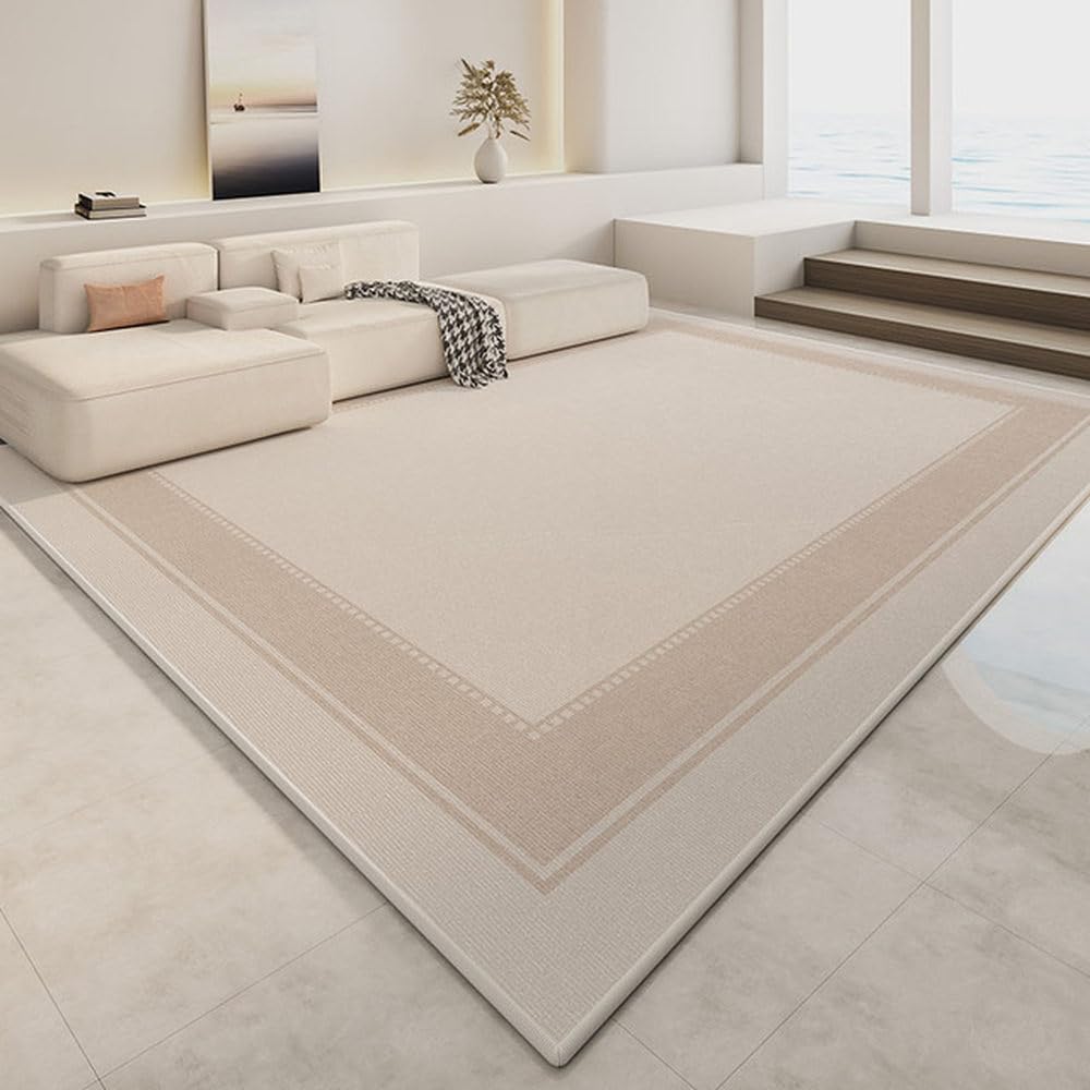 Grand tapis de salon crème à lignes artistiques géométriques YHT075