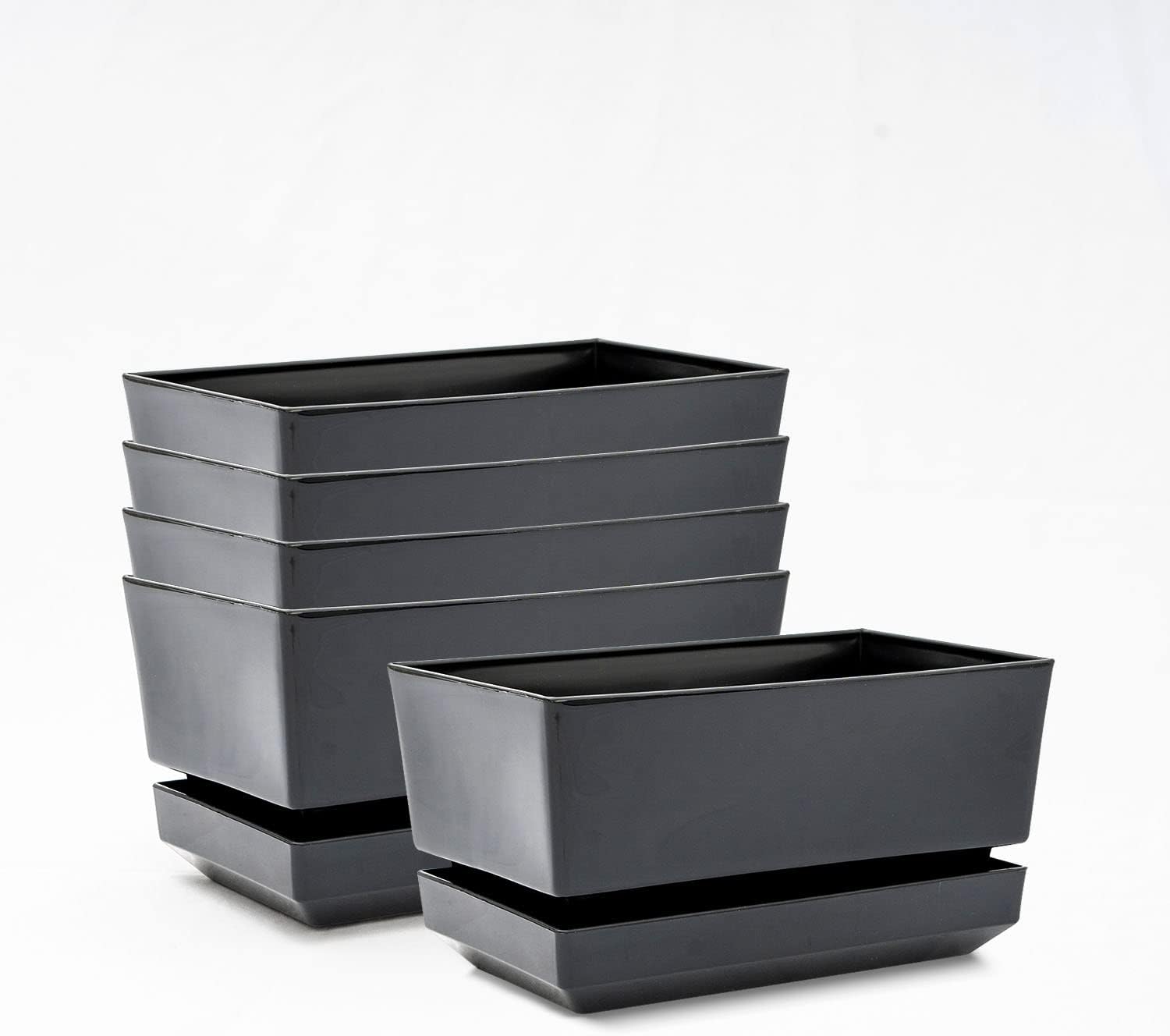 Garden - 7 INCH Window Box Planter (Pack of 5) Outdoor and Indoor, Plant Pots with Drainage Holes - Artistic Line. (Smooth, Black)