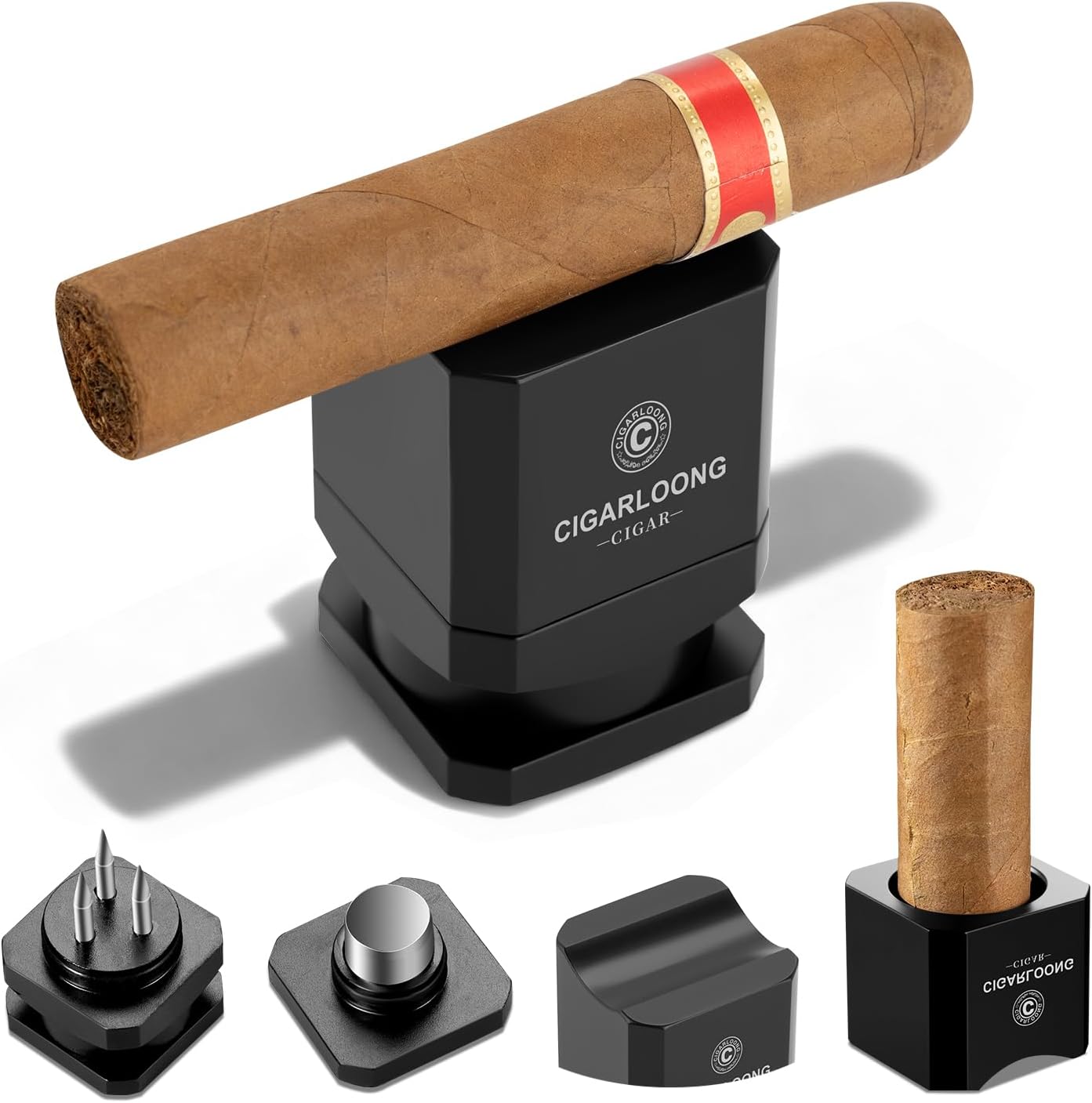 Cigar Stand Holder with Hidden Punch,Cigar Fork and Cigar Rest, Sharp Cigar Punch Blade Stable Cigar Holder Stand, Multifunctional Cigar Tool,Gifts for Men (Black)