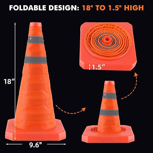 Miniatura 3 de Paquete de 5 conos de seguridad plegables de 18 pulgadas, conos naranjas con cuello reflectante, conos de tráfico portátiles multiusos para