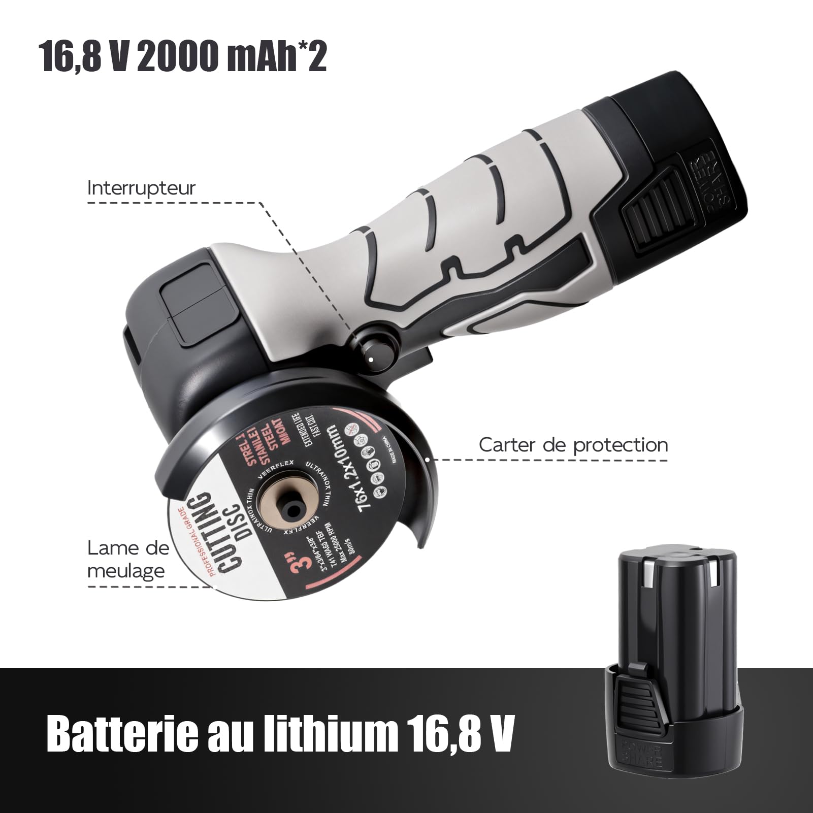 Weytoll Smerigliatrice angolare a batteria 7000 giri/min Mini smerigliatrice elettrica con 2 batterie 16,8 V 2000 mAh e disco abrasivo per tagliare mattoni lucidati, legno, pietra, acciaio