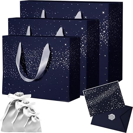 Amazon Ponyles ラッピング袋 ギフトバッグ 紙袋 手提げ 15枚セット ギフト包装 上質 オリジナルデザイン ギフト用手提げ 星空柄 おしゃれ クリスマス 母の日 父の日 バレンタイン ネイビー S M L ギフトバッグ 袋 文房具 オフィス用品