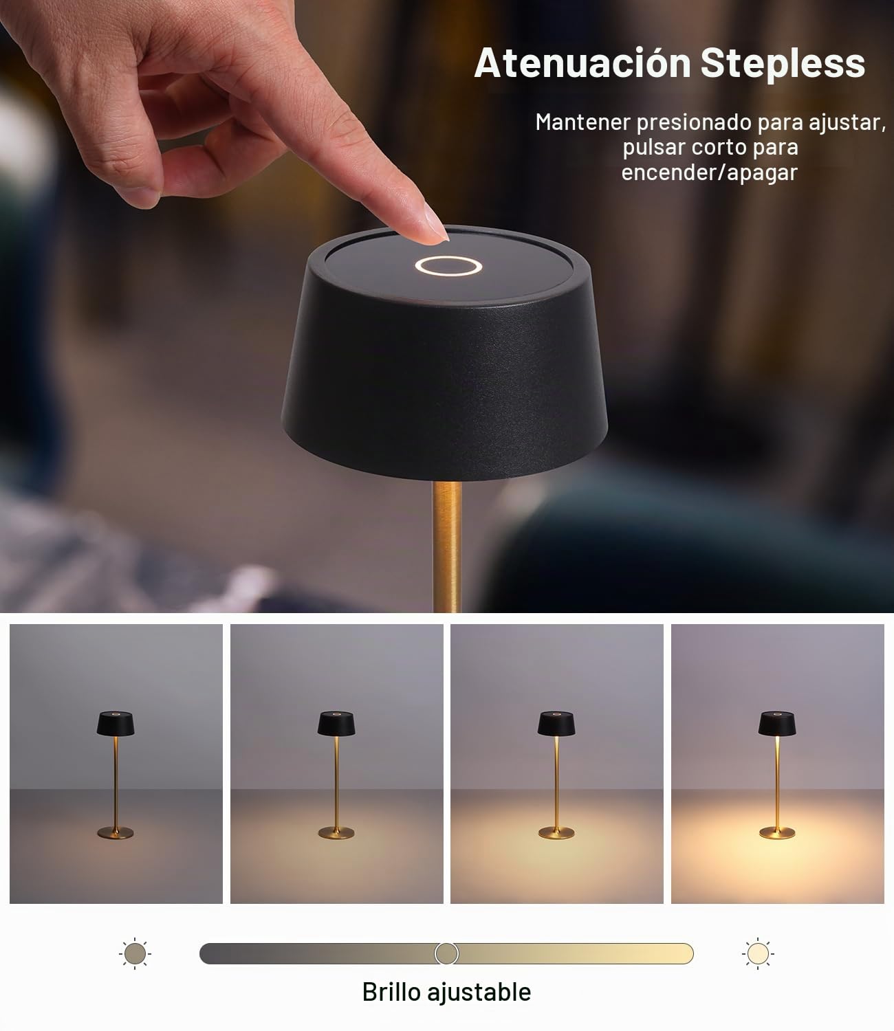 DAWALIGHT Lámpara de Mesa Sin Cable Recargable con USB, Batería 4000mAh, Lámpara de Escritorio y Noche, 2700K Luz Regulable Táctil Continua para Restaurante, Dormitorio, Bares, Negro + Oro