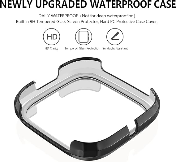 Tobfit Hard PC Case Built in Tempered Glass Screen Protector Cover for Fitbit Versa 2, Durable Ultra-Thin Scratch Resistant Full Protective Case Compatible for Fitbit Versa 2 Smartwatch, Glossy Black