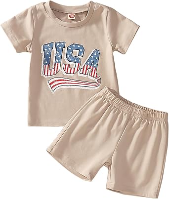 BOUTIKOME Toddler Baby 4th of July Outfit Boy Girl Oversized Romper USA Shirts Shorts Set American Flag Matching Clothes