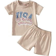 BOUTIKOME Toddler Baby 4th of July Outfit Boy Girl Oversized Romper USA Shirts Shorts Set American Flag Matching Clothes