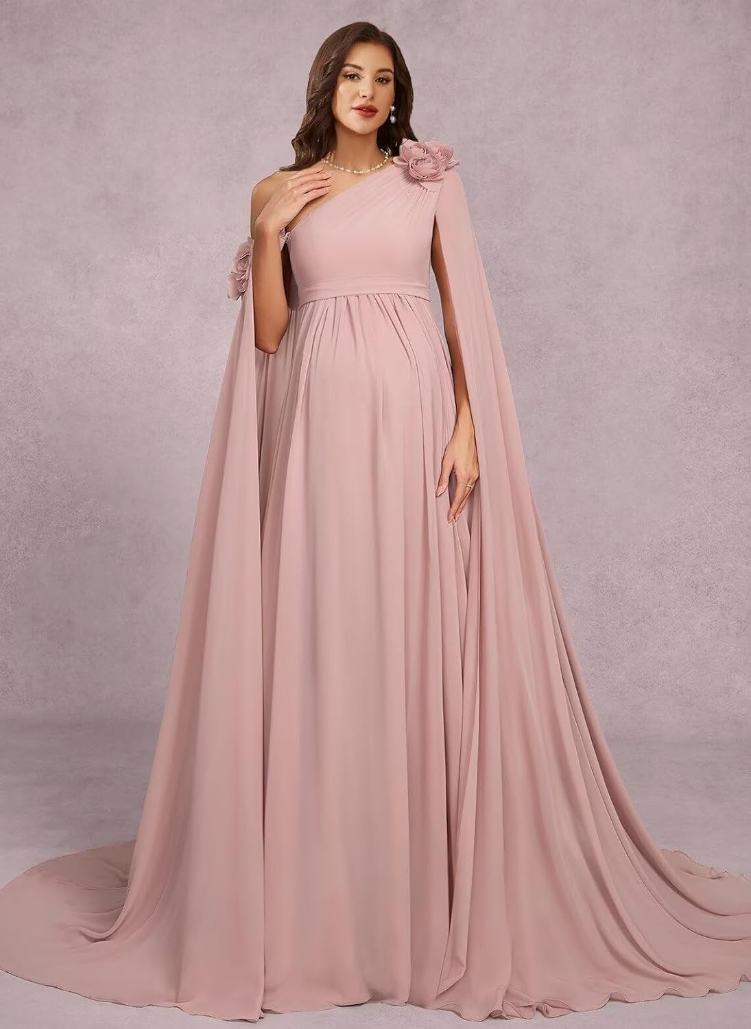 One Shoulder Maternity Dress for Photoshoot with Cape Sleeve Chiffon A Line Baby Shower Dresses