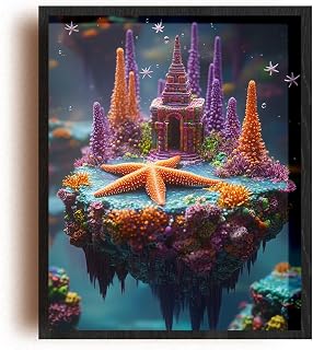 (Unframed) (16 x 20 IN) Matte Wall Art Print Of Futurism Poster: Stunning Starfish Resting on Vibrant Coral Formations in a Magical Floating Ocean Temple Surrounded by Drifting Star. - 925POSMk1187rWH