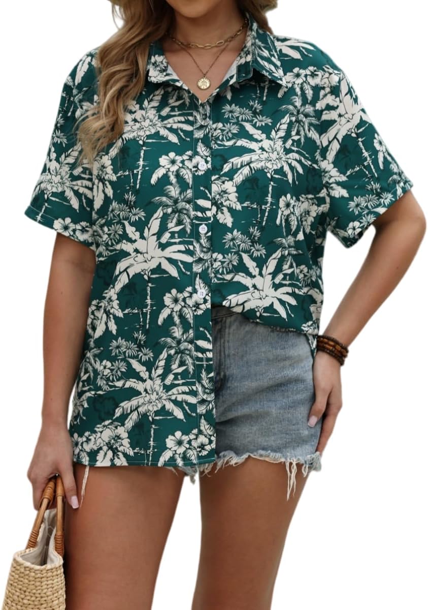 Women Summer Hawaii Shirts Soft Cool Floral Tropic Print Short Sleeve Button Up Tops T-Shirt