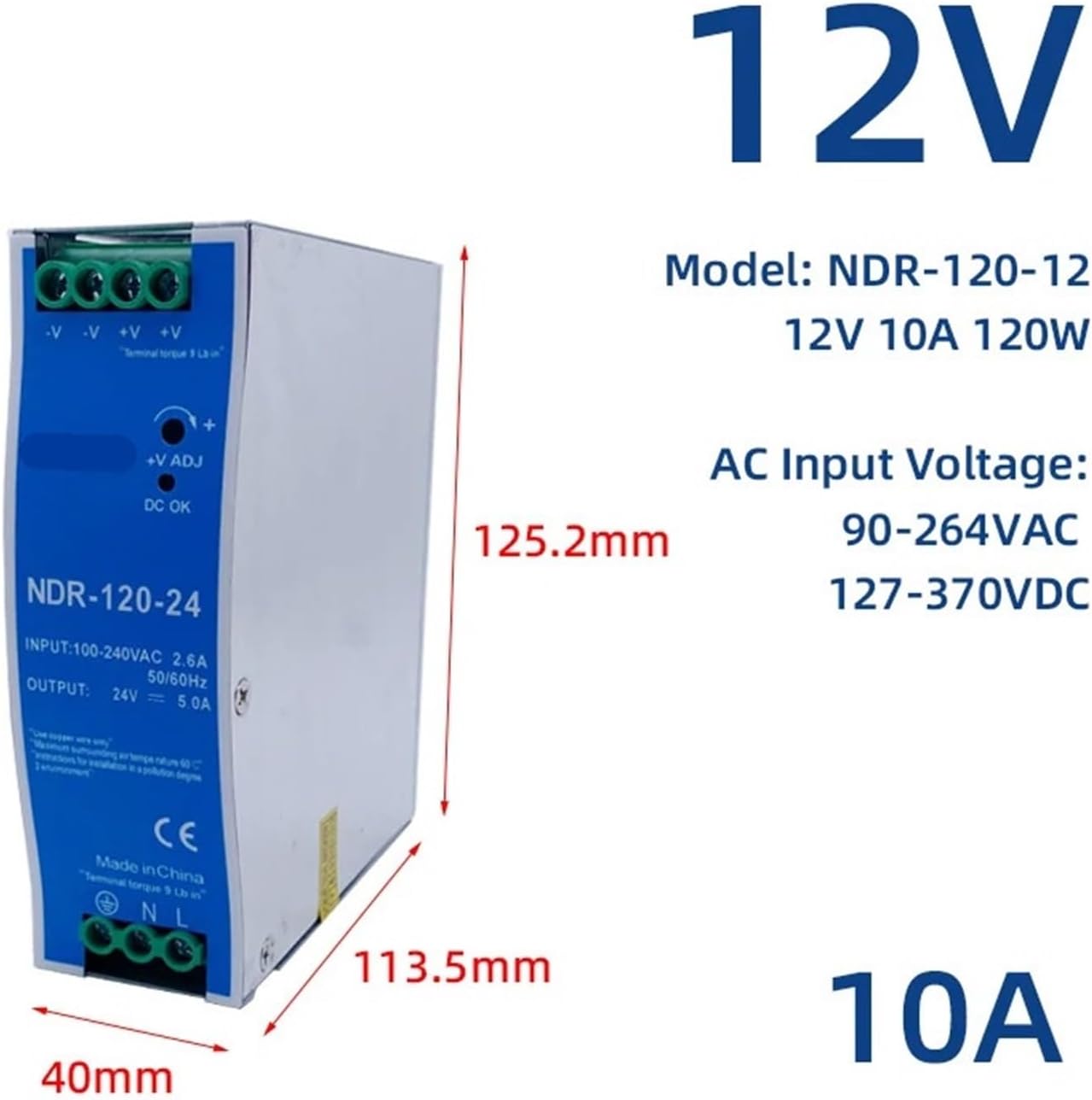 1pcs NDR-75/120/150W Switching Power Supply 12/24V Ultra-Thin DIN Rail mounting Single Output AC DC for Electrical Equipment (Color : NDR-120-12)
