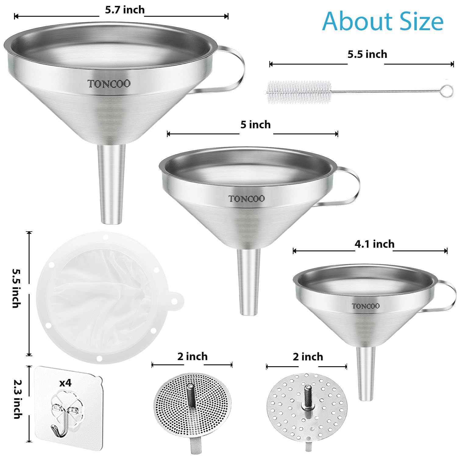 Toncoo 3 Pack Stainless Steel Funnels for Kitchen Use, Food Grade Cooking Funnel with 3 Strainer, Kitchen Funnel Set Metal Funnels for Filling Bottles