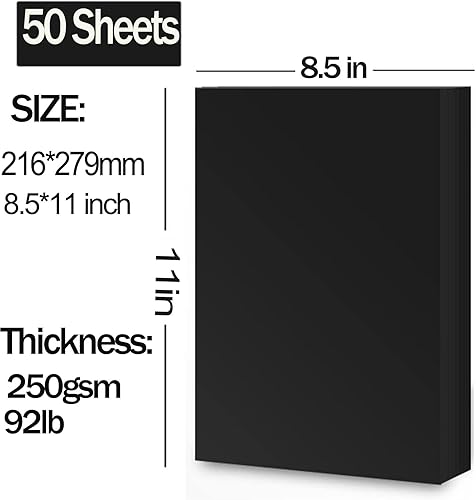 Miniatura 3 de 50 hojas de cartulina negra de 8.5 x 11 pulgadas, 92 libras, papel de cartulina negra para manualidades y tarjetas, papel negro pesado para