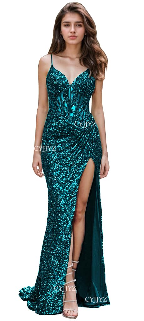 Spaghetti Strap Sequin Prom Dresses with Slit 2025 Sparkly Lace Appliques Mermaid Formal Evening Gown for Women