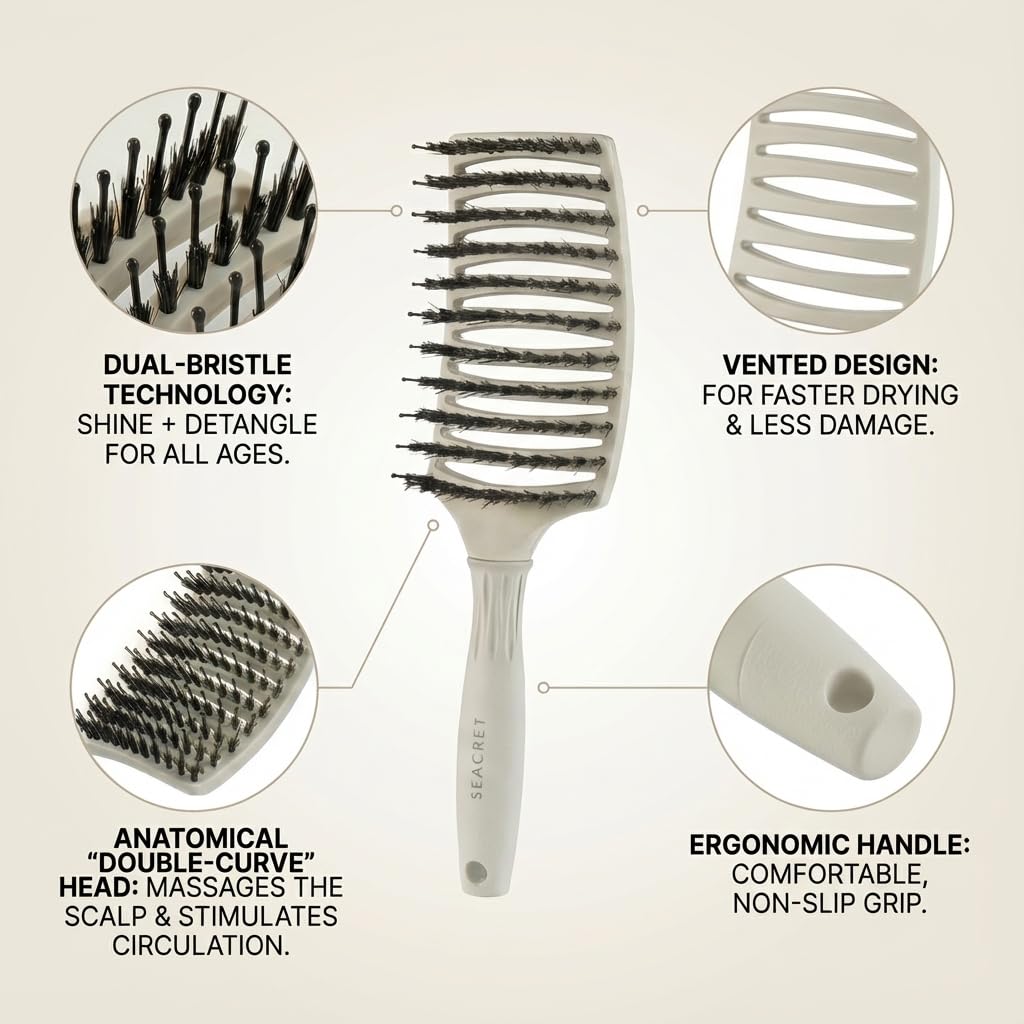 SEACRET Pro Styling Hair Brush - Vented Boar Bristle & Nylon Detangler for Wet or Dry Hair, Ergonomic Curved Paddle Brush for Thick, Curly & Fine Types - Pain-Free, Anti-Frizz & Quick Dry